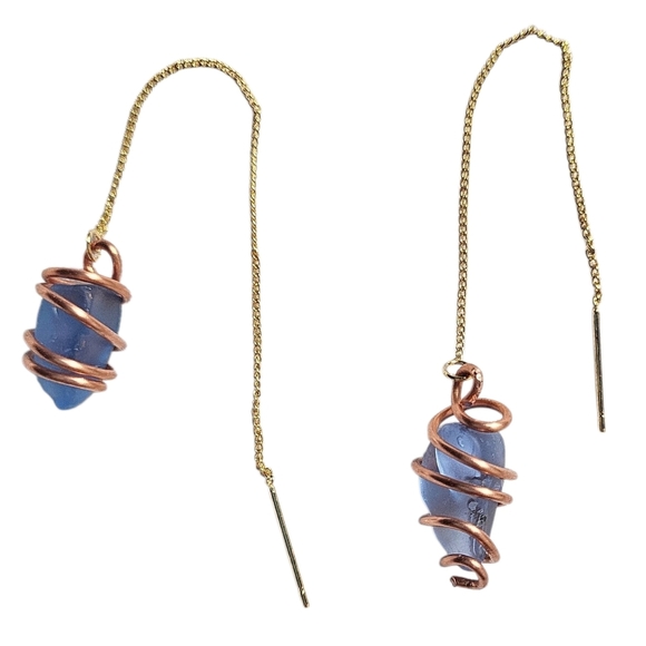 18K Gold Plated Brass Seaglass Threader Dainty Earrings - Picture 1 of 2
